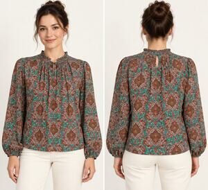 Joie Paisley Blouse Medium Teal Pink Ruffle Neck Long Sleeve Pleated Boho Top